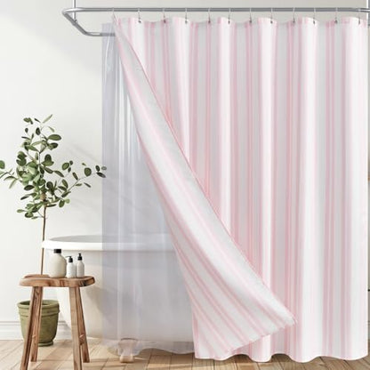 ORTIGIA 3 in 1 Waterproof Shower Curtain PEVA Liner Set 72x84 Inch,Pink