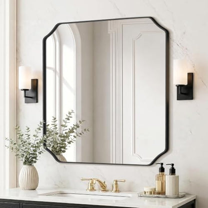 Delma Bathroom Vanity Mirror, Black Framed Aluminum Bathroom Mirror for Over Sink, Scalloped Round Corner Wall Mirror, High-Definition Vanity Mirror, Hangs Horizontally or Vertically (36x30,Black)