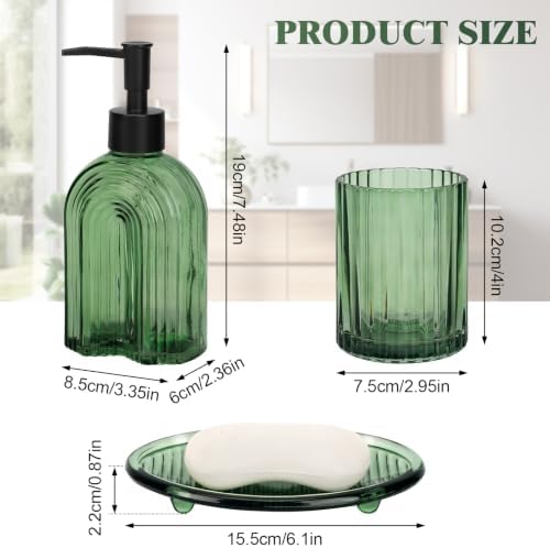 Bathroom Accessories Set, 4Pcs Glass Bathroom Accessories Set Complete, 11.6OZ Lotion Soap Dispenser, Toothbrush Holder, Mouthwash Cup, Soap Dish for Bathroom Decor, Countertop Organizer (Green)