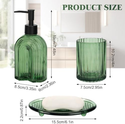 Bathroom Accessories Set, 4Pcs Glass Bathroom Accessories Set Complete, 11.6OZ Lotion Soap Dispenser, Toothbrush Holder, Mouthwash Cup, Soap Dish for Bathroom Decor, Countertop Organizer (Green)