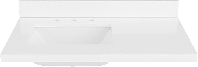 ARIEL 37 inch Bathroom Vanity top with Sink, 1.5 Inch Thick Miter Edge White Quartz top, Left Offset Vanity top with Rectangle Porcelain Sink, Includes Backsplash