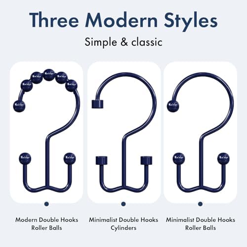 Bathway Shower Curtain Hooks Blue Shower Curtain Rings, 12 Pcs Double Hook Shower Curtain Hooks Rings Shower Curtain Hangers Rust Proof, Metal Shower Hooks for Bathroom Shower Curtain Rod