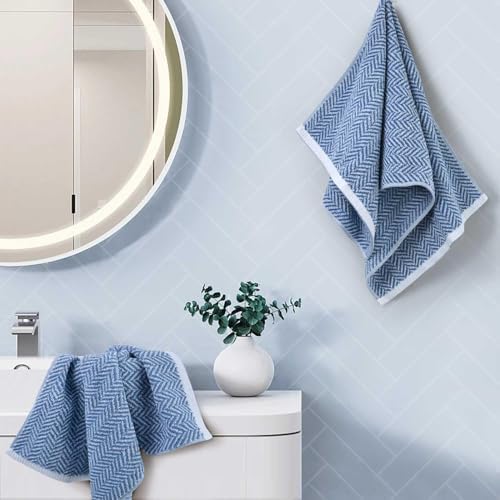 Cleanbear Blue Cotton Hand Towels with Herringbone Pattern, 13 x 28 Inches