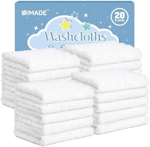 UNIMADE Baby Washcloths, 20 Pack Microfiber Coral Fleece Wash Cloths, Extra Absorbent Baby Towels for Newborns, Infants and Toddlers, Gentle on Sensitive Skin for Face and Body - 7" × 9", White
