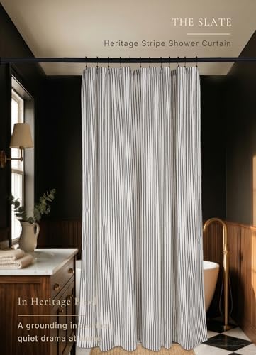 Farmhouse Striped Shower Curtain Set, Linen Blend Fabric with Detachable Polyester Liner, Breathable & Machine Washable, Rustic Black for Bathroom Decor Standard 72" W x 72" L - Hooks Not Included