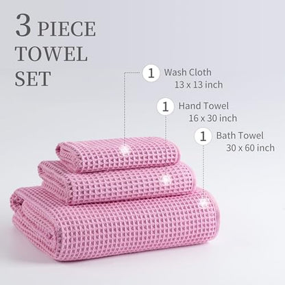 MICROFI Microfiber Waffle Bath Towels, 3 Pieces, Oversized, Soft, Absorbent, Fast Drying, Lint Free, Includes Bath, Face and Hand Towels 430 GSM