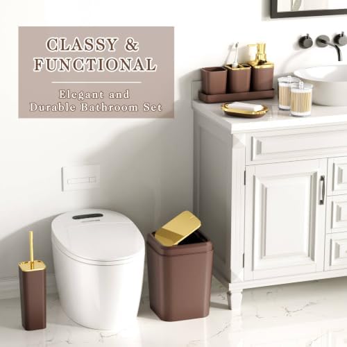 XLHOMO Bathroom Accessories Set - 25PC Bathroom Set with Shower Curtain and Rugs, Brown Bathroom Set, Bathroom Accessory Set with Press-on Lid Trash Can, Soap Dispenser and Qtip Holders