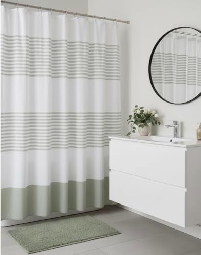 Serafina Home Sage Light Green & White Striped Cotton Shower Curtain