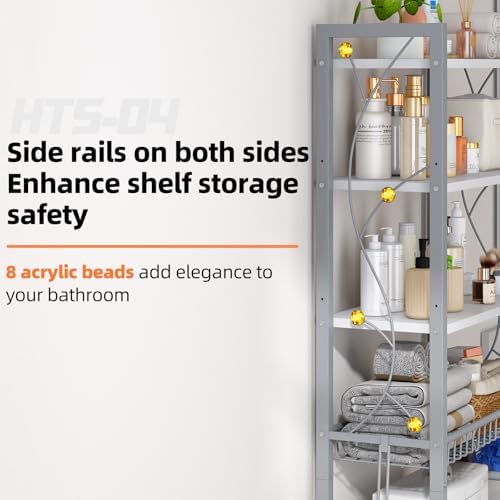 Over-The-Toilet Storage Rack, 4-Tier Bathroom Organizer Shelf Over Toilet with Adjustable Shelf and Basket, Freestanding Space Saver Bathroom Shelves Above Toilet for Room (Gray White)