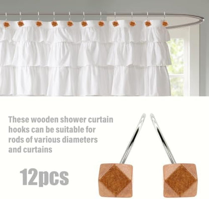 Decorative Shower Curtain Hooks, Wood Shower Curtain Rings, Modern Polygon Wood Shower Curtain Hangers, 12PCS Shower Hooks for Shower Curtain Rod, Bathroom, Bedroom, Living Room (Silvery)