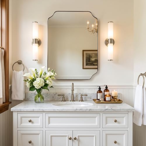 MIRRORART 20x28’’ Scalloped Bathroom Mirror, Brushed Nickel Framed Decorative Wall Mirror, Elegant Rectangle Vanity Mirror for Bathroom, Bedroom & Entryway, Modern Farmhouse Home Remodel
