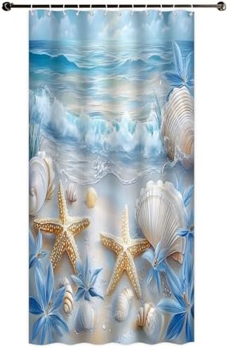 Beach Seashell Shower Curtain, Ocean Waves Starfish Design, Blue Floral Pattern, Summer Coastal Bathroom Decor