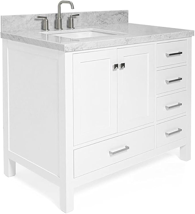ARIEL Cambridge 42-inch Bathroom Vanity with Sink,Solid Wood, 1.5-inch Italian Carrara Marble Countertop, Single Rectangular Porcelain Sink, 2 Soft Closing Doors, 5 Dovetail Drawers, White