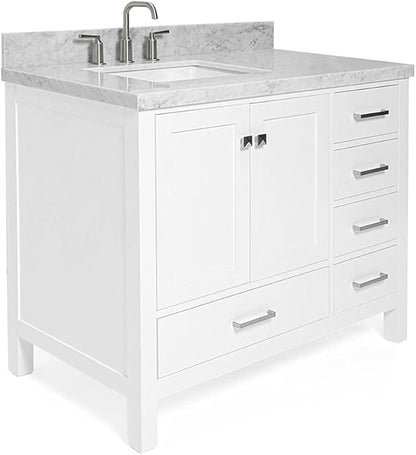 ARIEL Cambridge 42-inch Bathroom Vanity with Sink,Solid Wood, 1.5-inch Italian Carrara Marble Countertop, Single Rectangular Porcelain Sink, 2 Soft Closing Doors, 5 Dovetail Drawers, White