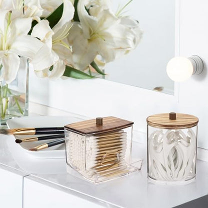 Tbestmax Qtips Dispenser Bathroom Container, 10/12 oz Big Cotton Ball Holder, Apothecary Jar Organizer for Storage Cotton Swab, Round Pads, Floss Picks (Brown Wood Lids)