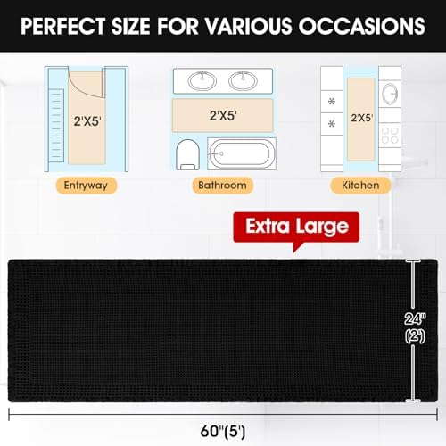 Extra Large Waffle Bath Mat, 6'x2' Black-Bordered, Super Absorbent Non-Slip Quick Dry Bathroom Rugs with Tassels, Machine Washable Ultra Soft Boho Bath Rugs for Floor, Toilet Mats Boho Farmhouse Decor