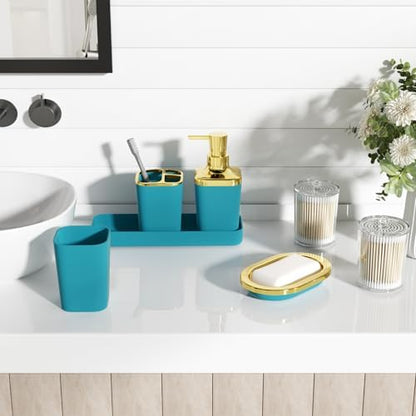 XLHOMO Bathroom Set - Teal Blue Bathroom Accessories Set, Bathroom Sets with Shower Curtain and Rugs, Teal Blue Shower Curtain Set with Bathroom Trash Can, Soap Dispenser, Soap Dish for Home Decor