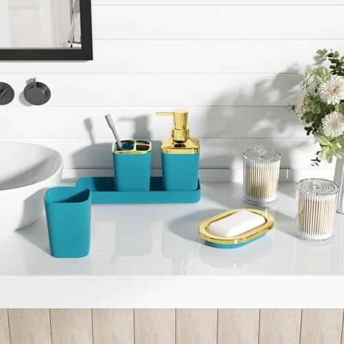 XLHOMO Bathroom Accessories Set - 25PC Bathroom Set with Shower Curtain and Rugs, Teal Blue Bathroom Set, Bathroom Accessory Set with Press-on Lid Trash Can, Soap Dispenser and Qtip Holders