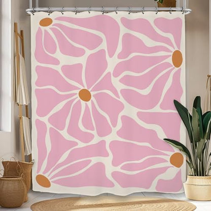 Matisse Flower Shower Curtain 60Wx72L Inch Abstract Retro Aesthetic Minimalist Vintage Art 70s Modern Pink Bathroom Set Accessories Decor with 12 Pack Hooks