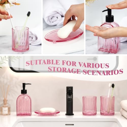 Bathroom Accessories Set, 4Pcs Glass Bathroom Accessories Set Complete, 13.5OZ Lotion Soap Dispenser, Toothbrush Holder, Mouthwash Cup, Soap Dish for Bathroom Decor, Countertop Organizer (Pink)