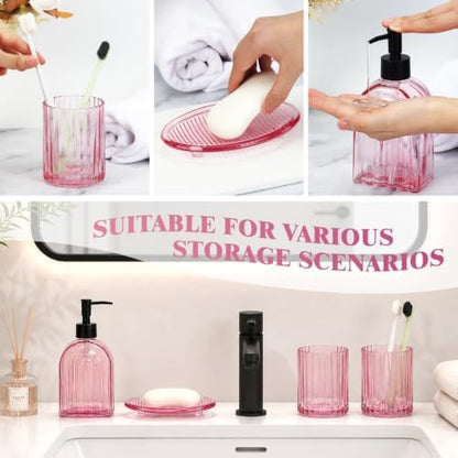 Bathroom Accessories Set, 4Pcs Glass Bathroom Accessories Set Complete, 13.5OZ Lotion Soap Dispenser, Toothbrush Holder, Mouthwash Cup, Soap Dish for Bathroom Decor, Countertop Organizer (Pink)