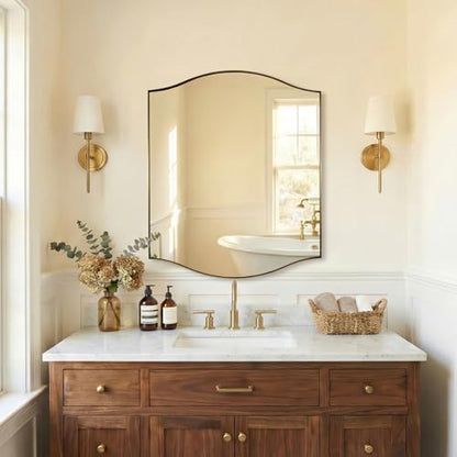 ANDY STAR Rectangle Scalloped Mirror, 30"x36" Brushed Gold Bathroom Mirror in SUS304 Stainless Steel Metal Frame, Brass Vanity Mirror with Unique Arched Top Design