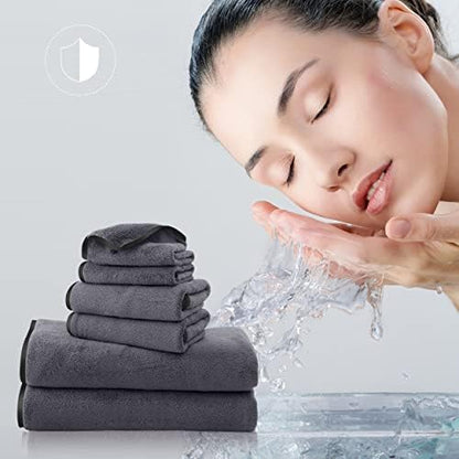 TENSTARS Luxury Silk Hemming Towel Set - Light Thin Quick Drying - 2 Bath Towels 2 Hand Towels 2 Washcloths - Ultra Soft Microfiber, for Bath Fitness, Sports, Yoga, Travel (Dark Grey 6 Pieces)
