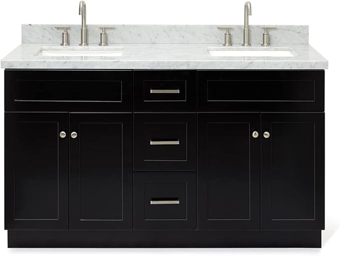 ARIEL Hamlet 60-inch Bathroom Vanity with Sink,Solid Wood, 1.5-inch Italian Carrara Marble Countertop, Double Rectangular Porcelain Sink, 4 Soft Closing Doors, 3 Dovetail Drawers, Black