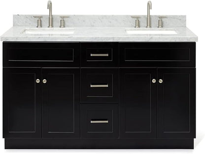 ARIEL Hamlet 60-inch Bathroom Vanity with Sink,Solid Wood, 1.5-inch Italian Carrara Marble Countertop, Double Rectangular Porcelain Sink, 4 Soft Closing Doors, 3 Dovetail Drawers, Black