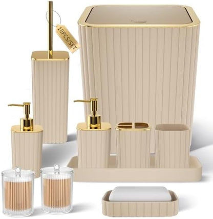 XLHOMO Bathroom Accessories Set - Gorgeous Bathroom Set, 10PC Beige Bathroom Accessory Set, Toilet Brush, Trash Can & Soap Dispenser