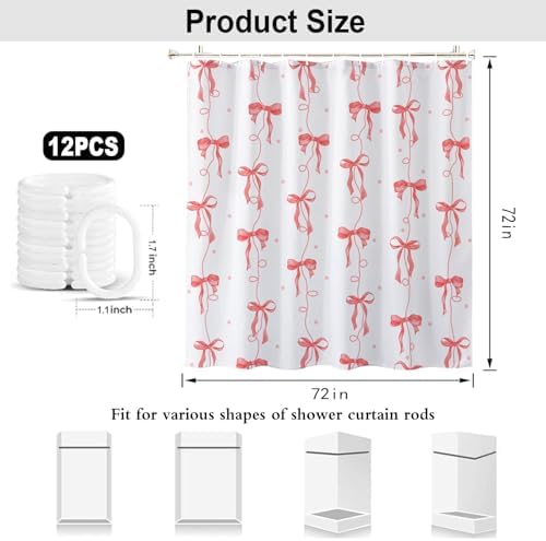 Red Bow Shower Curtain for Bathroom, Teen Girls Theme, 72x72 Inches