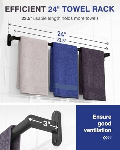 Powools Matte Black 24"-2 Towel Rack, Rustproof Wall Mounted Towel Bar