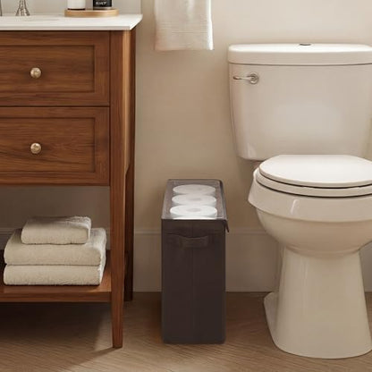 Cupic Cupid Toilet Paper Storage Baskets, Bathroom Toilet Paper Storage with Lid, Holds 12 Regular or 9 Mega Rolls, Slim Toilet Tissue Holder Basket with Clear PVC Lid and Handles, Brown