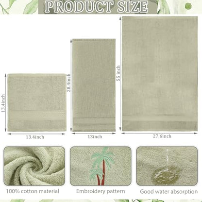 3 Pcs Summer Palm Tree Bathroom Towel Set Farmhouse Embroidered Palm Tree Towels Vintage Decorative 100% Cotton Bath Towel Highly Absorbent Elegant Summer Decor Set for Bathroom