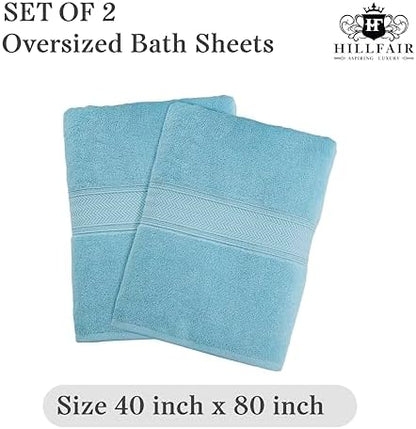 HILLFAIR 100% Cotton 2 Pc XXL Oversized Bath Towel Set 40"x 80"- Ocean Blue