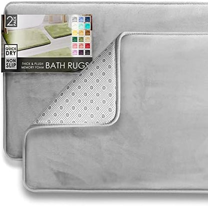 Clara Clark 2 Piece Bathroom Rugs Bath Mat Set, Velvet Memory Foam Bath Mats for Bathroom - Non-Slip, PVC Backing Bath Rugs, Washable - Dries Quickly, Silver