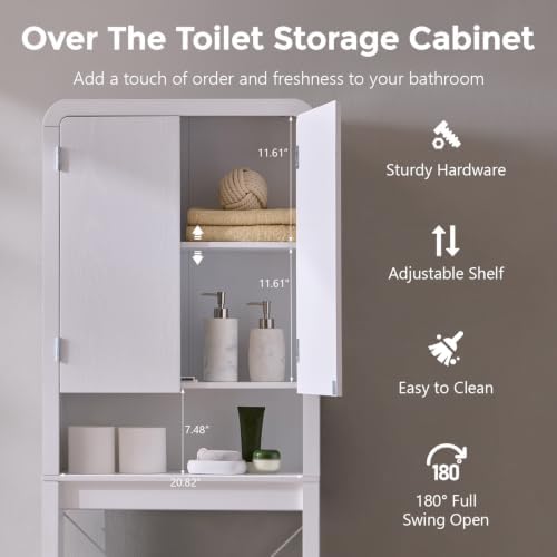 Over the Toilet Storage Cabinet, 69.69" Curved Bathroom Storage Organizer Cabinet with Doors and Adjustable Shelves, Wooden Free Standing Toilet Space Saver Rack, White
