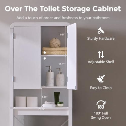 Over the Toilet Storage Cabinet, 69.69" Curved Bathroom Storage Organizer Cabinet with Doors and Adjustable Shelves, Wooden Free Standing Toilet Space Saver Rack, White