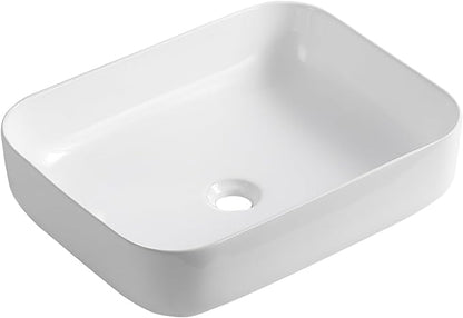 20" Rectangular Ceramic Vessel Sink, White Bathroom Vanity Sink Countertop | KINGWONG Modern No Overflow Wash Basin for Powder Room Guest Bath, Easy Clean Round Corners Above Counter Sink