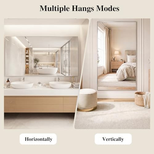 Koonmi Silver Rectangle Wall Mirror, 30x48 Inch Bathroom Mirror, Aluminum Frame Vanity Mirror for Entryway, Living Room, Bedroom Bathroom, Hangs Horizontally or Vertically