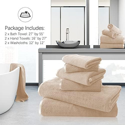 TENSTARS Luxury Silk Hemming Towel Set - Light Thin Quick Drying - 2 Bath Towels 2 Hand Towels 2 Washcloths - Ultra Soft Microfiber Towel for Bath Fitness, Sports, Yoga, Travel (Brown 6 Pieces)