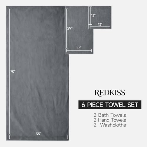 REDKISS Pack of 6 Towel Set - 2 Extra Large Bath, 2 Hand, 2 Washcloths, Ultra Soft & Highly Absorbent, Quicker to Dry, Grey Towels for Bathroom, Spa, Hotel, Gym