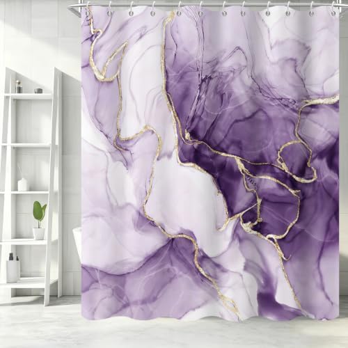 Purple Marble Shower Curtain Modern Abstract Luxury Gold Ink Texture Gray Ombre Watercolor Bathroom Curtain Set with Hooks Soft and Lightweight Waterproof Fabric Machine Washable 36" Wx72 L