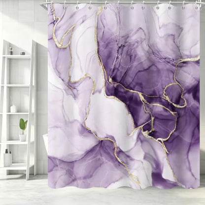 Purple Marble Shower Curtain Modern Abstract Luxury Gold Ink Texture Gray Ombre Watercolor Bathroom Curtain Set with Hooks Soft and Lightweight Waterproof Fabric Machine Washable 36" Wx72 L