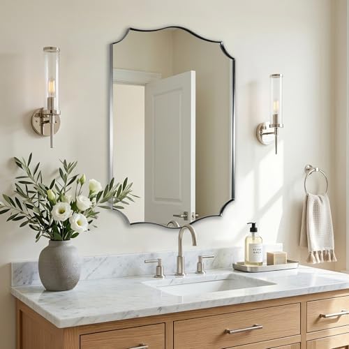 ANDY STAR 20"x30" Brushed Nickel Bathroom Mirror, Scalloped Mirror for Bathroom Vanity, Modern Silver Mirror in Rustproof Stainless Steel Frame, Elegant Curved Scallop Design, Ideal for Home Remodel