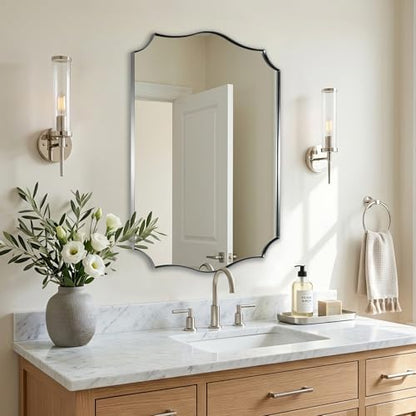 ANDY STAR 20"x30" Brushed Nickel Bathroom Mirror, Scalloped Mirror for Bathroom Vanity, Modern Silver Mirror in Rustproof Stainless Steel Frame, Elegant Curved Scallop Design, Ideal for Home Remodel