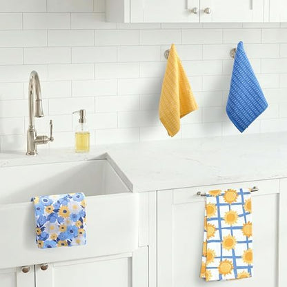 Ritz 4-Piece Kitchen Towel Set, Field Blossoms Floral & Le Soleil Sun Grid Prints with Yellow & Blue Textured Terry, 100% Cotton & Absorbent Blend, 16" x 26", French Country Summer Kitchen Decor