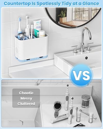 Toothbrush and Toothpaste Holders for Bathrooms Countertop - Detachable 5 Slots Kids Electric Toothbrush Holders Set Wall Mounted with Removable Dividers for Bathroom Decor and Accessories Organizer