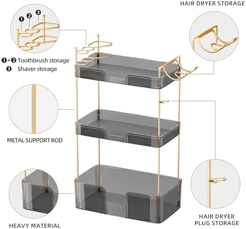 Akinbas 3 Tier Bathroom Organizer Countertop Makeup Perfume Tray Skincare Organizer Comes with Hair Dryer Rack and Toothbrush Holder for Bathroom Dresser Vanity (Grey)