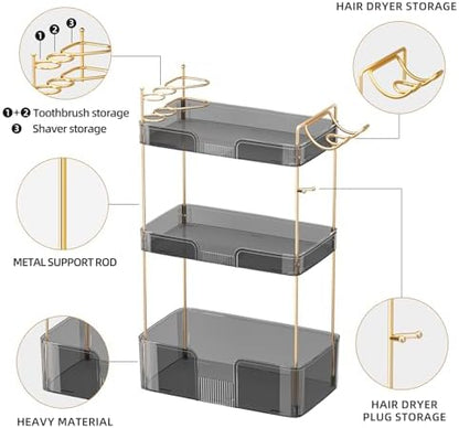 Akinbas 3 Tier Bathroom Organizer Countertop Makeup Perfume Tray Skincare Organizer Comes with Hair Dryer Rack and Toothbrush Holder for Bathroom Dresser Vanity (Grey)
